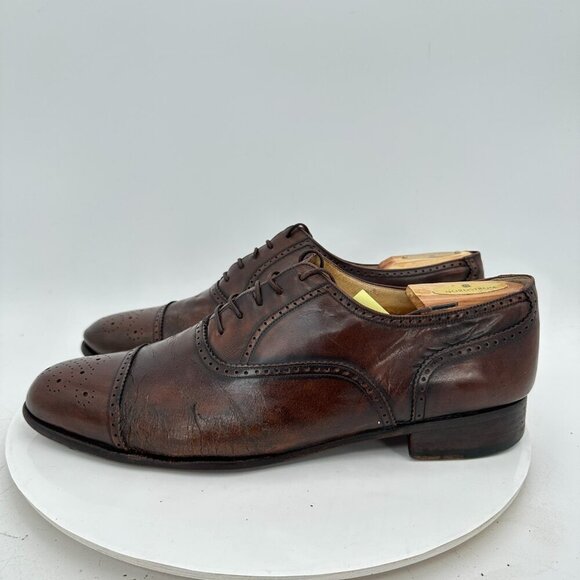 HH Brown Men Size 10.5D Brown Leather Cap Toe Brogue Oxford Dress Shoes - Picture 2 of 13